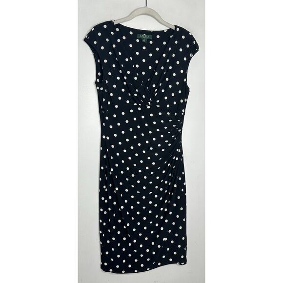 Lauren Ralph Lauren Women Polka Dot Surplice Faux Wrap Ruched Sheath Dress Sz 10 - Picture 2 of 6